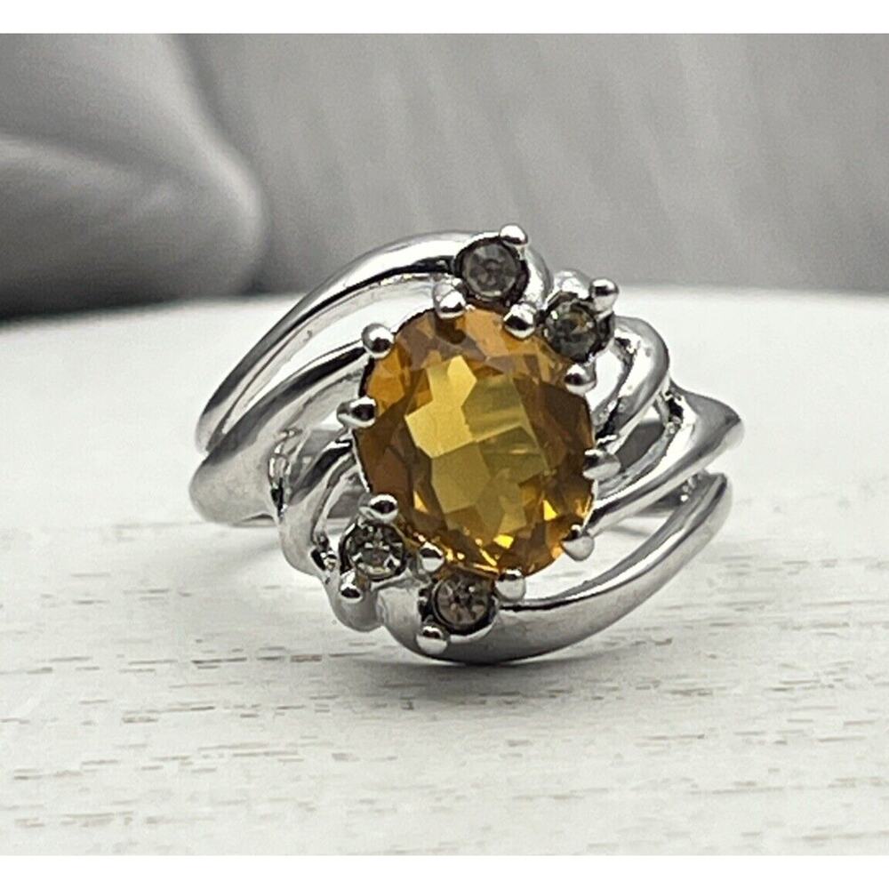 Vintage Sterling Silver 925 Oval Burnt Yellow Stone Ring, Size 8